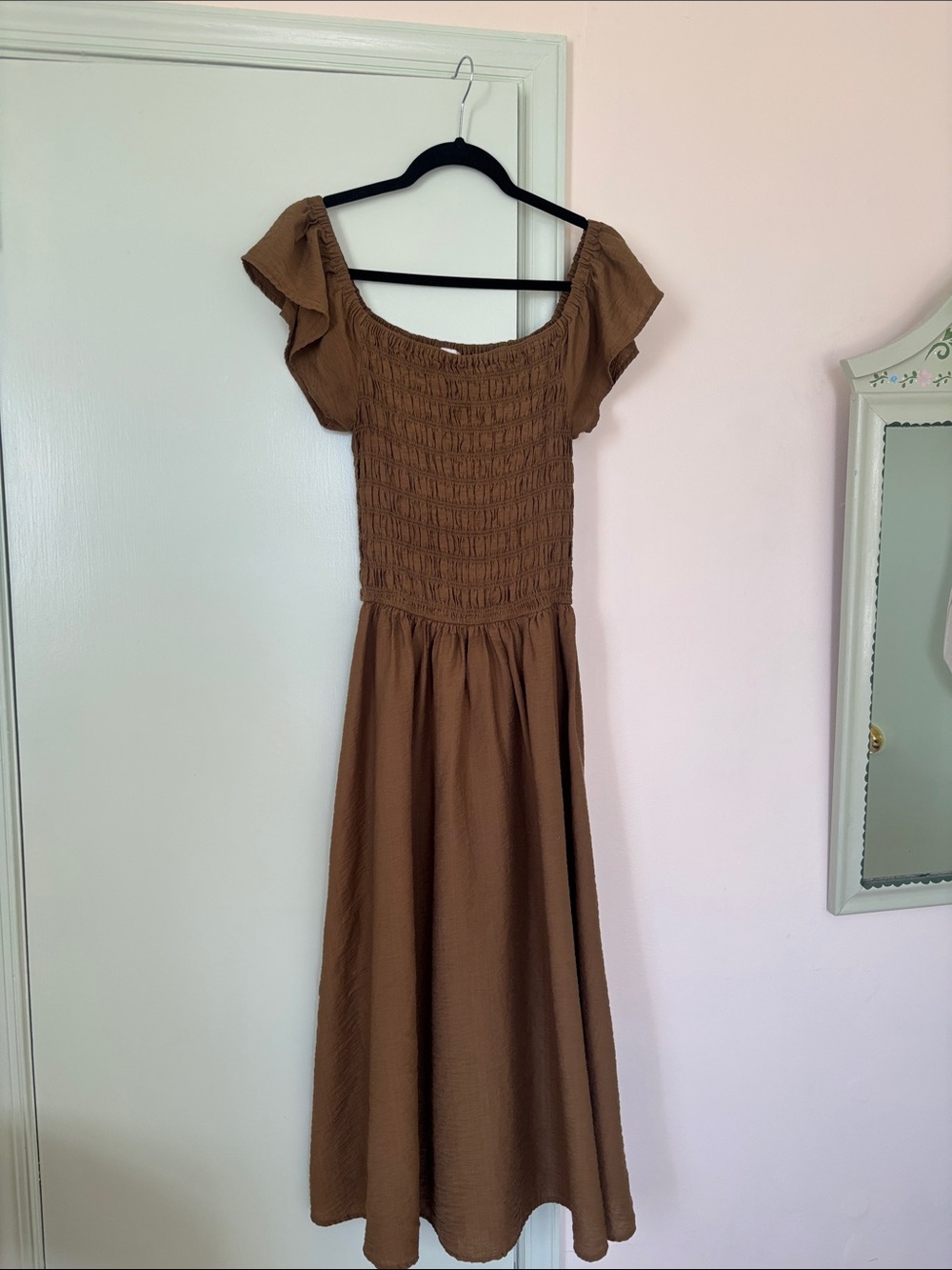 Moon River Olive Green Smocked Midi Dress with Flutter Sleeves